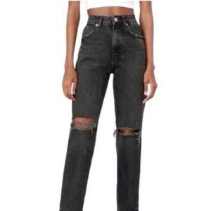 Zara High Rise Mom Jeans Faded Black Ripped Knees - Distressed Low Stretch Denim